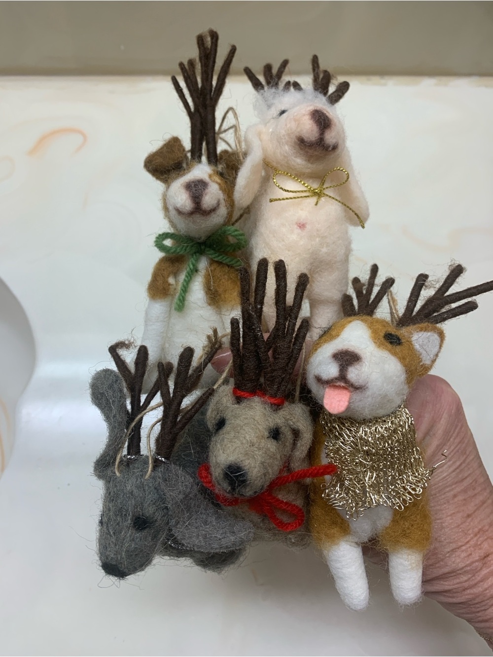 Set of 5 Wool Dog Reindeer Ornaments